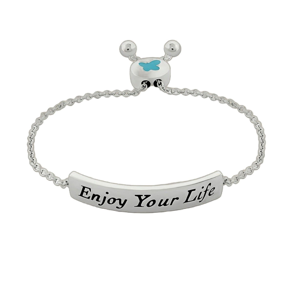 Sydney Leigh Enjoy Your Life Bracelet; silver-tone chain with curved plate and butterfly on Tampa Home & Garden Store