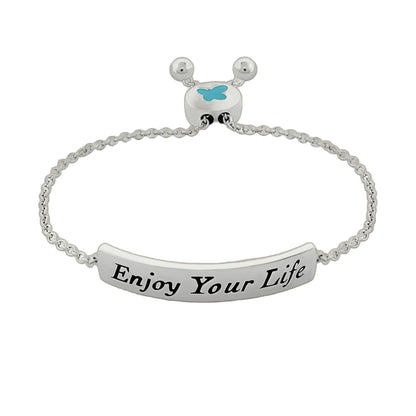 Sydney Leigh Enjoy Your Life Bracelet; silver-tone chain with curved plate and butterfly on Tampa Home & Garden Store