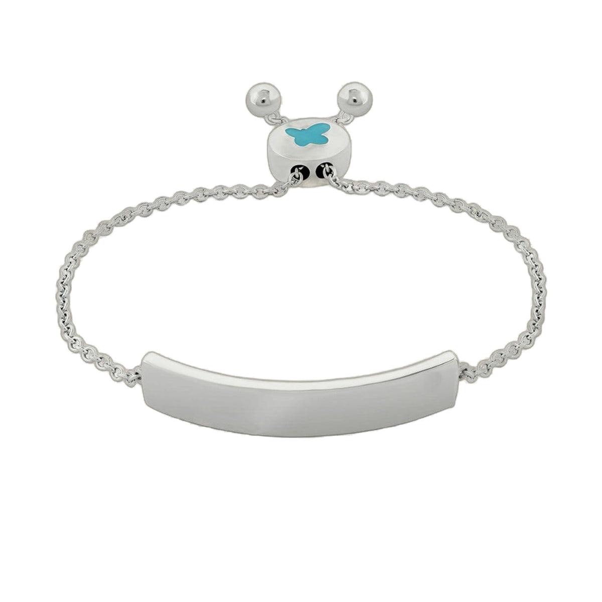Sydney Leigh Engravable Bracelet Lauren G Adams, silver bar charm with blue butterfly on Tampa Home & Garden Store