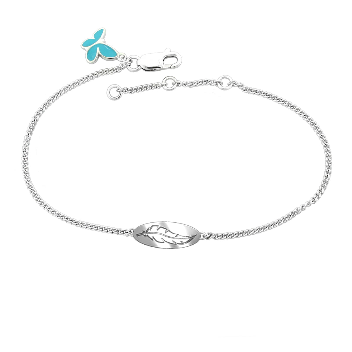 Sydney Leigh Feather Bracelet with turquoise butterfly charm on silver-tone chain on Tampa Home & Garden Store