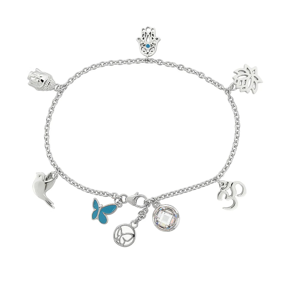 Sydney Leigh Free Spirit Bracelet by Lauren G Adams; silver chain with blue butterfly and hamsa on Tampa Home & Garden Store