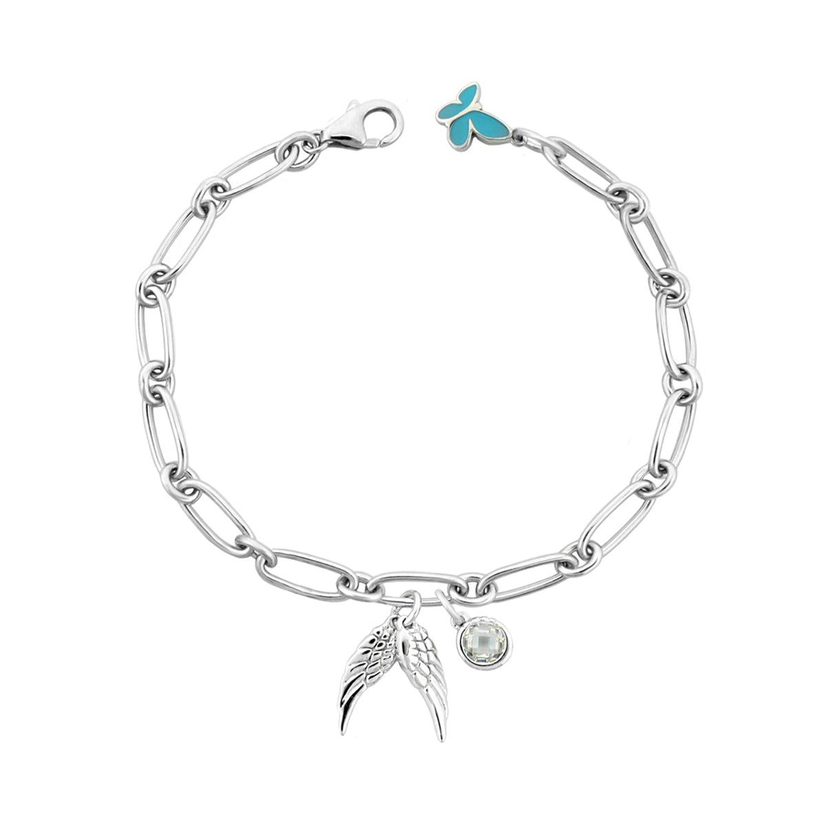 Sydney Leigh Wings Bracelet; silver chain wing charm turquoise butterfly and crystal charm on Tampa Home & Garden Store