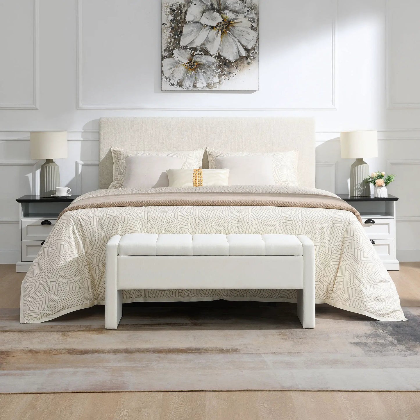 Modern upholstered large bed end storage bench in white fabric by Unique Piece Furniture on Tampa Home & Garden Store