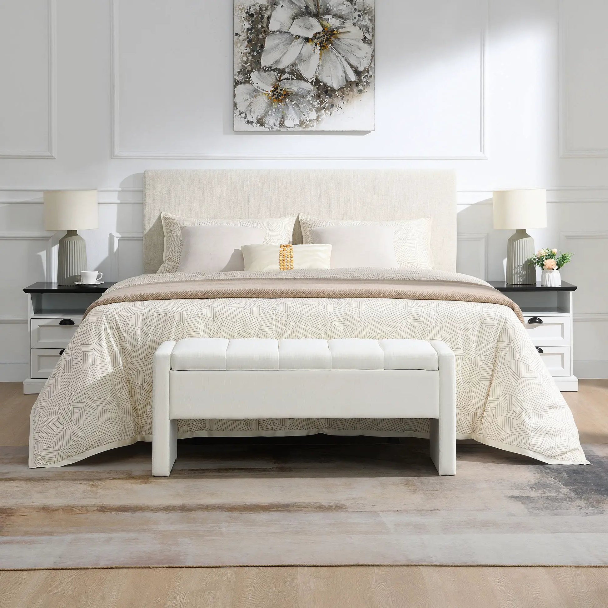 Modern upholstered large bed end storage bench in white fabric by Unique Piece Furniture on Tampa Home & Garden Store