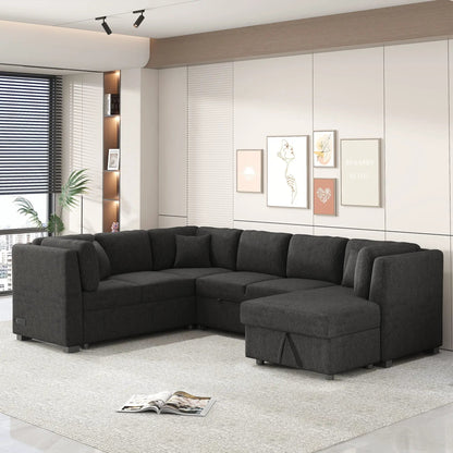 U-shaped sleeper sectional sofa in dark charcoal fabric with storage chaise and USB ports on Tampa Home & Garden Store