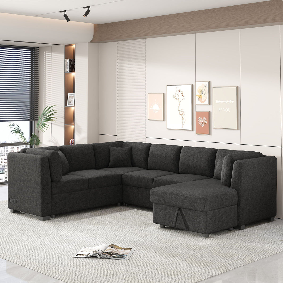 HouseOfZazla U-shaped sleeper sectional sofa in dark gray fabric with storage chaise on Tampa Home & Garden Store