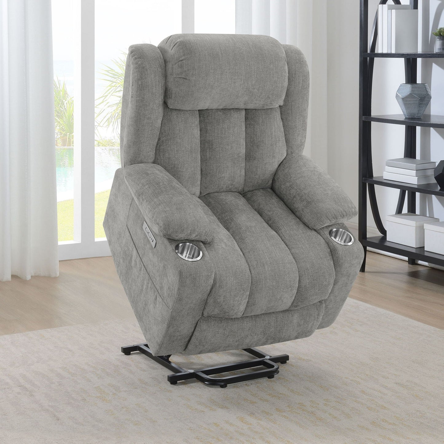 Beca Upholstered Power Lift Recliner with Cupholders and USB charging, gray fabric on Tampa Home & Garden Store