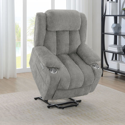Beca Upholstered Power Lift Recliner with Cupholders and USB charging, gray fabric on Tampa Home & Garden Store