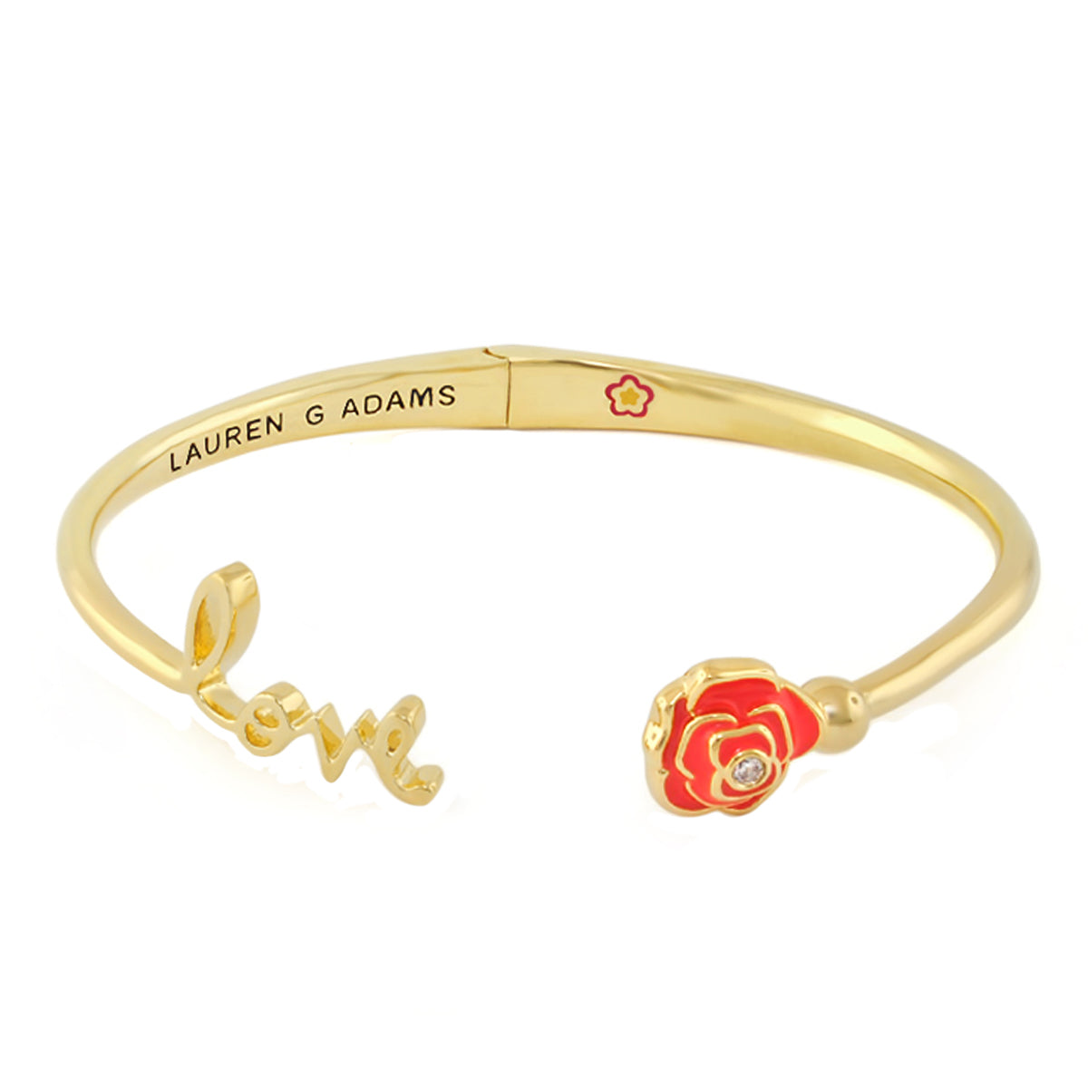Open Arms Rose Bangle gold-tone bracelet by Lauren G Adams with LOVE and red enamel rose on Tampa Home & Garden Store