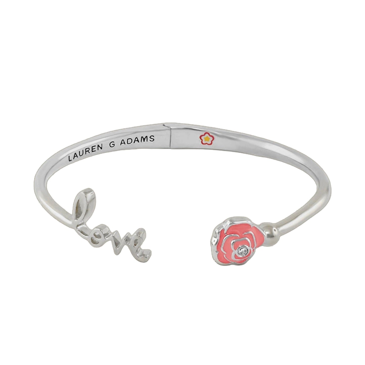 Open Arms Rose Bangle silver hinged bracelet with pink enamel rose charm Lauren G Adams on Tampa Home & Garden Store