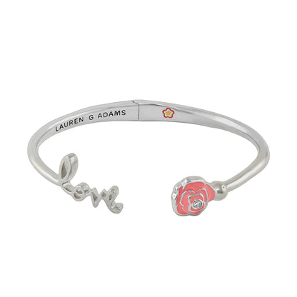 Open Arms Rose Bangle silver hinged bracelet with pink enamel rose charm Lauren G Adams on Tampa Home & Garden Store