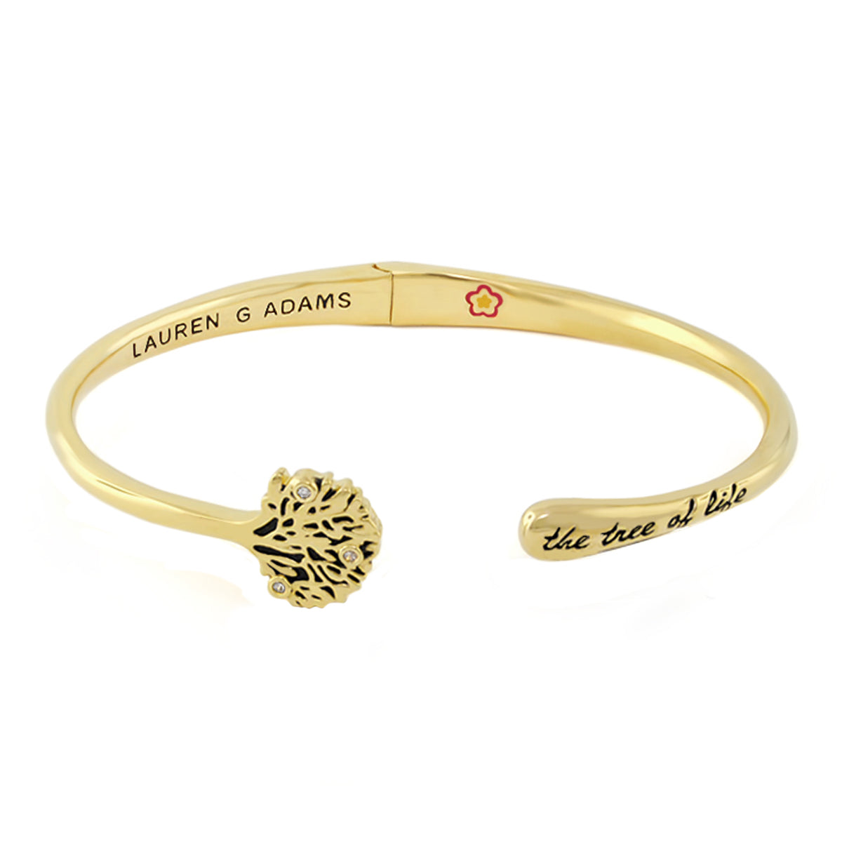 Open Arms Tree of Life Bangle, gold-tone hinged bracelet with tree motif Lauren G Adams branding on Tampa Home & Garden Store
