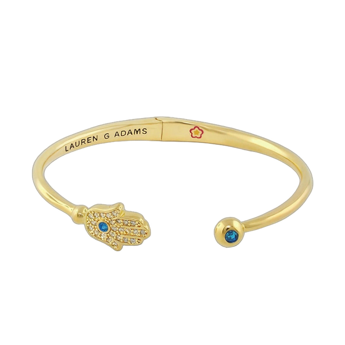 Open Arms Hamsa Bangle gold hinged bracelet with crystal-studded Hamsa charm Lauren G Adams on Tampa Home & Garden Store