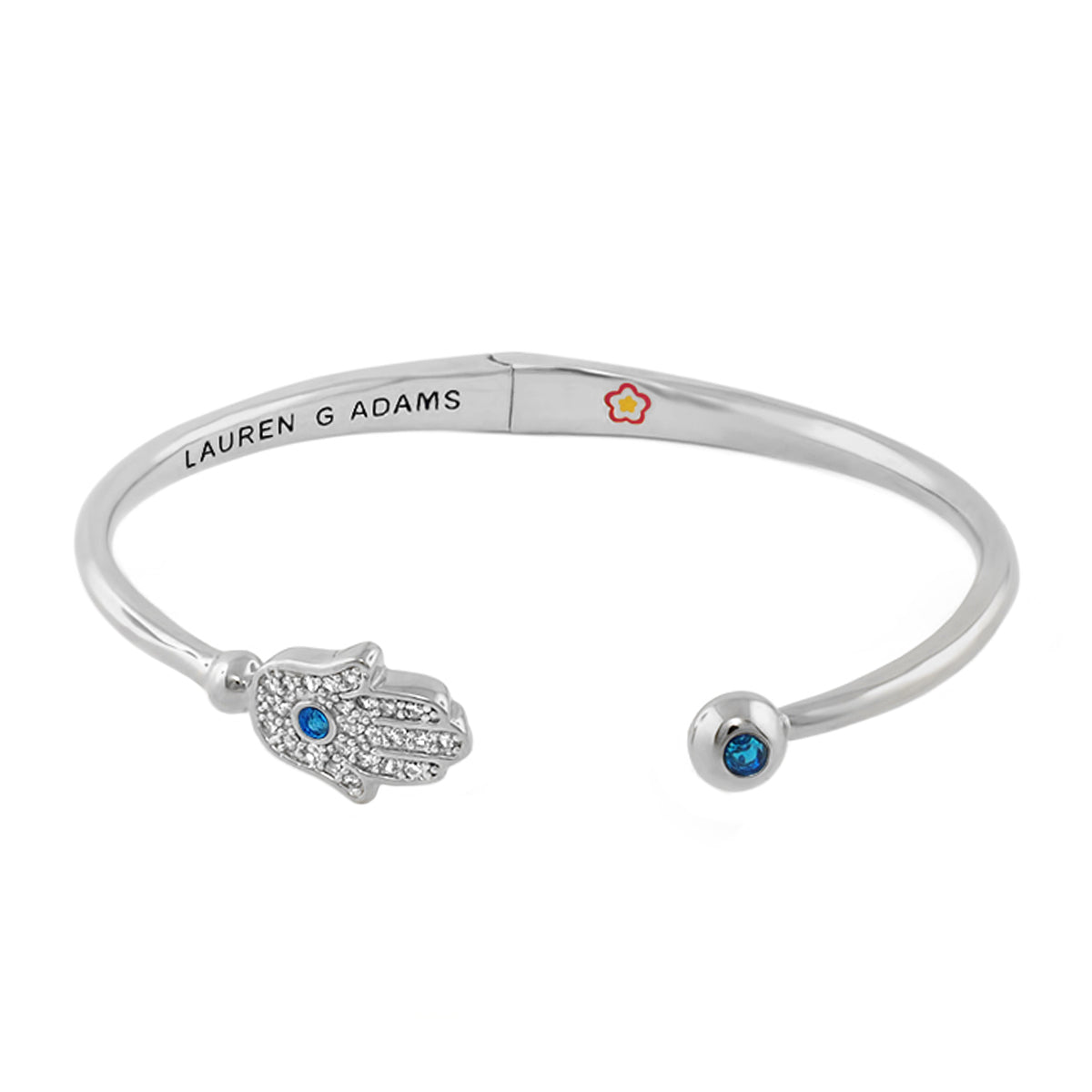 Open Arms Hamsa Bangle, silver hinged bangle Lauren G Adams with pavé hamsa and blue stone on Tampa Home & Garden Store
