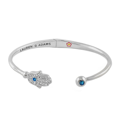 Open Arms Hamsa Bangle, silver hinged bangle Lauren G Adams with pavé hamsa and blue stone on Tampa Home & Garden Store