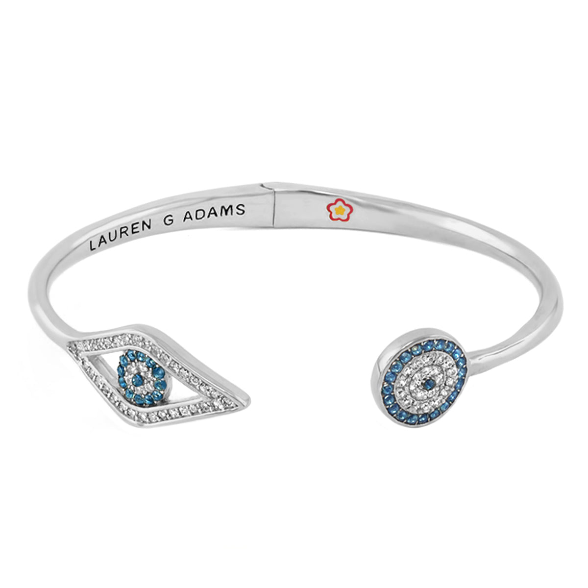 Open Arms Evil Eye Bangle, silver hinged bracelet with blue crystals by Lauren G Adams on Tampa Home & Garden Store