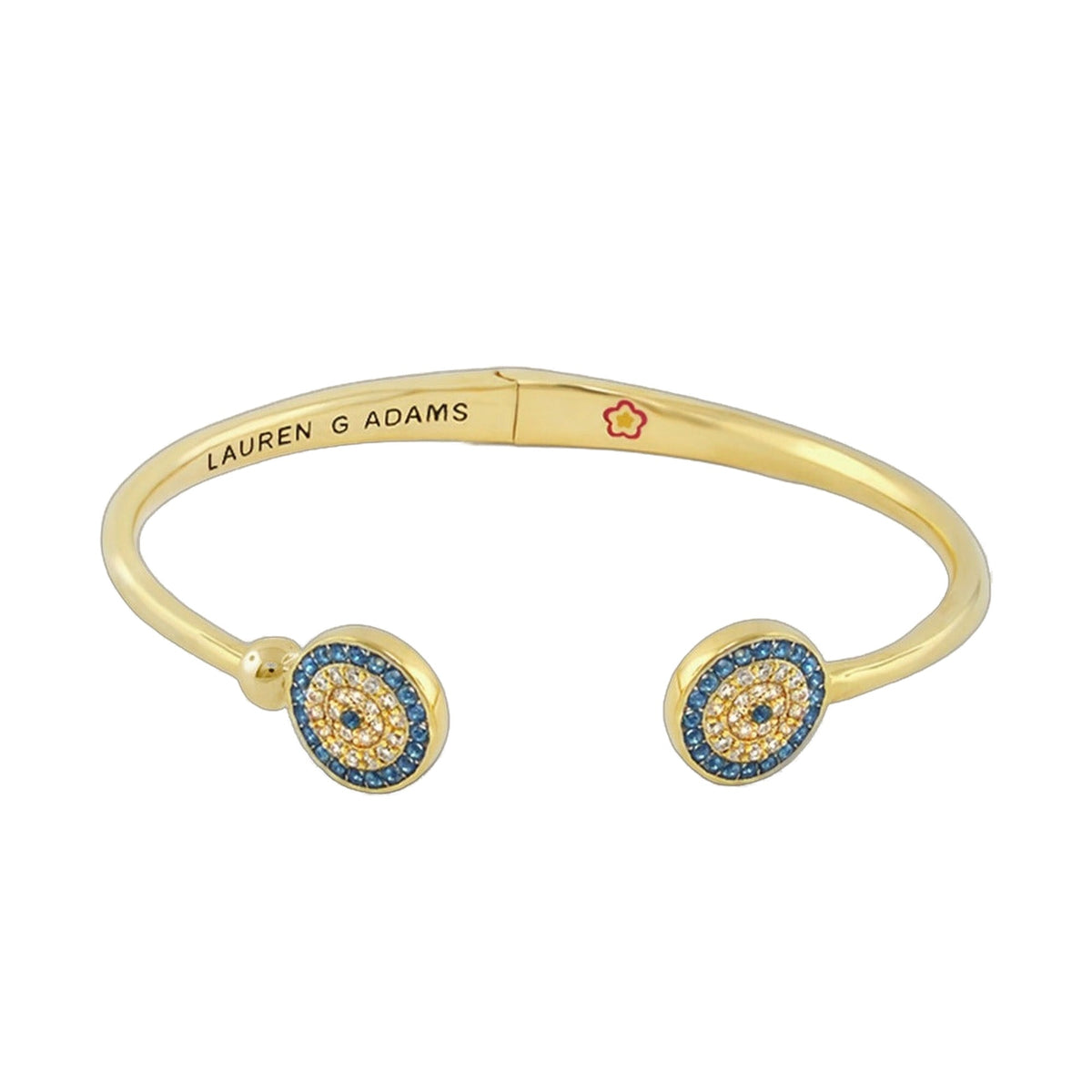 Open Arms Evil Eye Bangle Duo Disc Cuff gold-tone with blue eye discs Lauren G Adams on Tampa Home & Garden Store