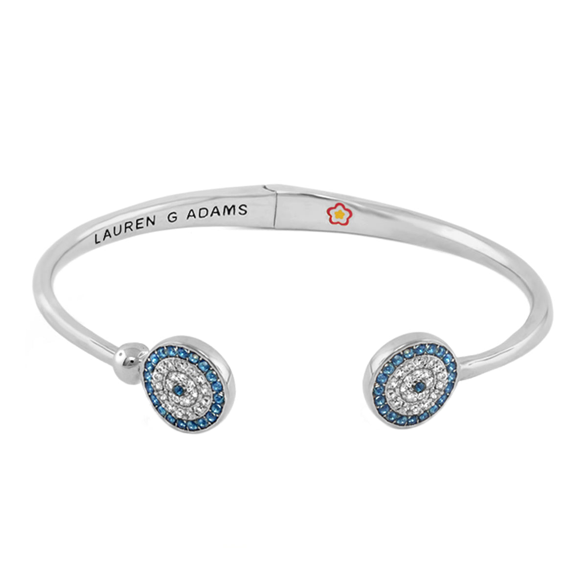 Open Arms Evil Eye Bangle Duo Disc Cuff bracelet in silver with blue accents, Lauren G Adams on Tampa Home & Garden Store
