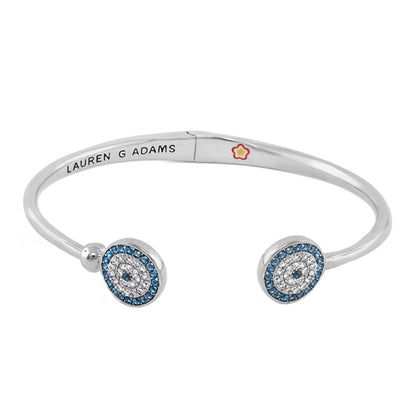 Open Arms Evil Eye Bangle Duo Disc Cuff bracelet in silver with blue accents, Lauren G Adams on Tampa Home & Garden Store