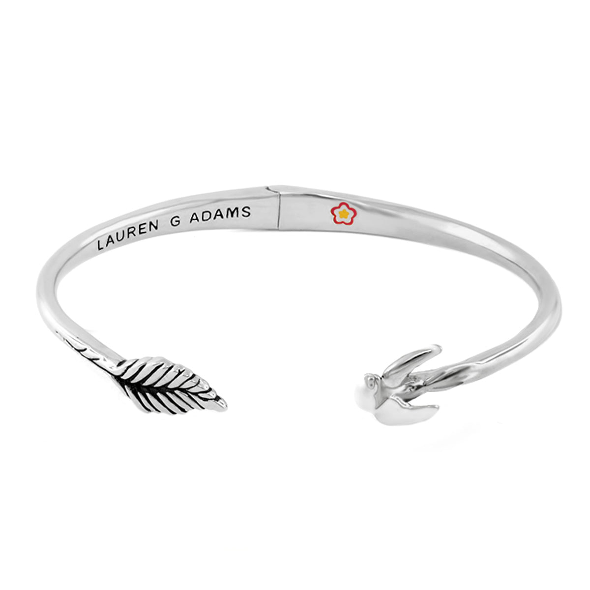 Open Arms Dove Bangle, silver hinged bracelet with dove motif and leaf end, Lauren G Adams on Tampa Home & Garden Store