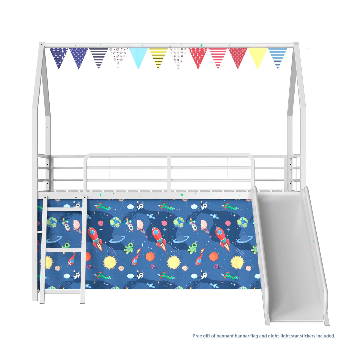 Loft bed with slide and curtain set, white metal frame, space-themed banners on Tampa Home & Garden Store