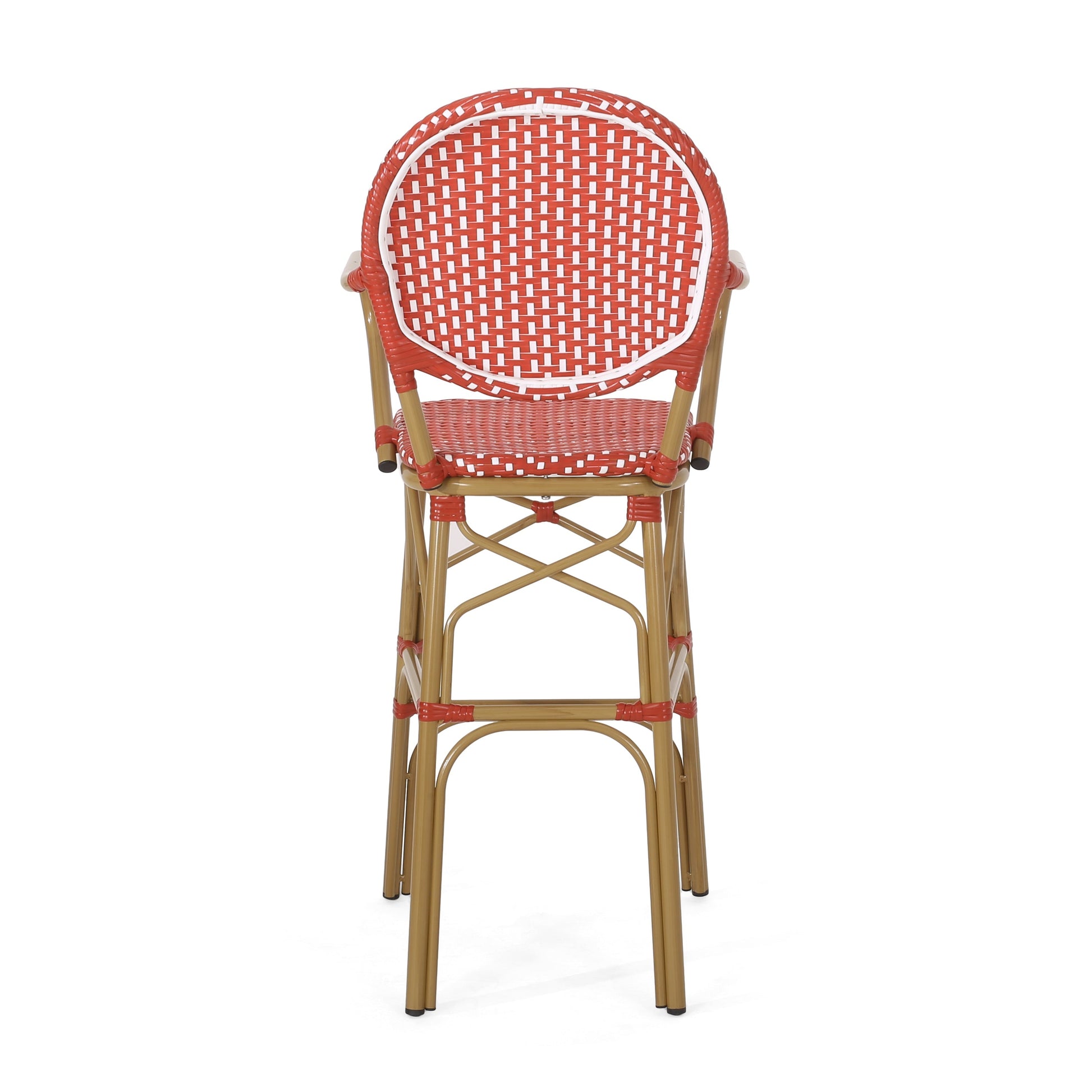 Outdoor wicker and aluminum French barstools set of 2, red woven back and seat on Tampa Home & Garden Store