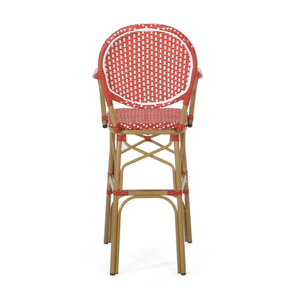 Outdoor wicker and aluminum French barstools set of 2, red woven back and seat on Tampa Home & Garden Store