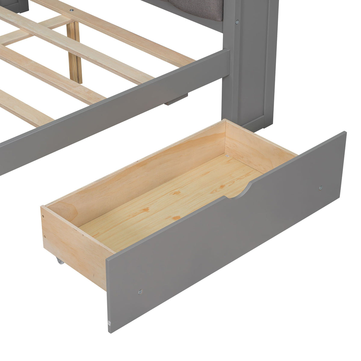 Platform bed frame in gray with a large natural wood storage drawer pulled out on Tampa Home & Garden Store