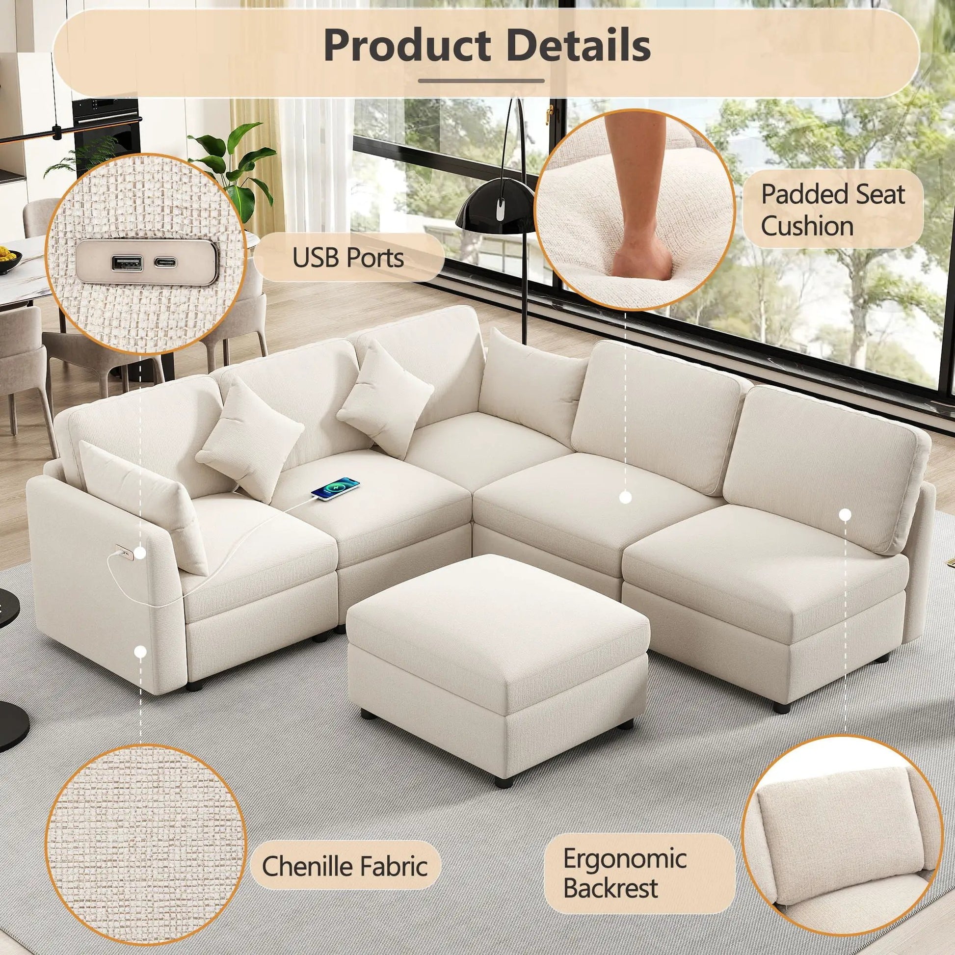 Sectional U-shaped sofa with ottoman, chenille fabric, USB ports by Unique Piece Furniture on Tampa Home & Garden Store