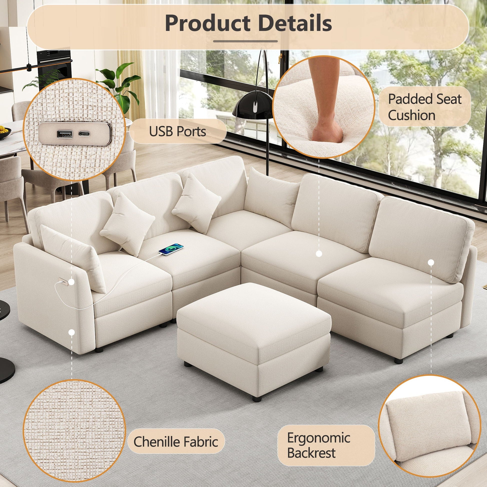 Sectional sofa modular U-shaped with ottoman, USB ports, ergonomic backrest on Tampa Home & Garden Store