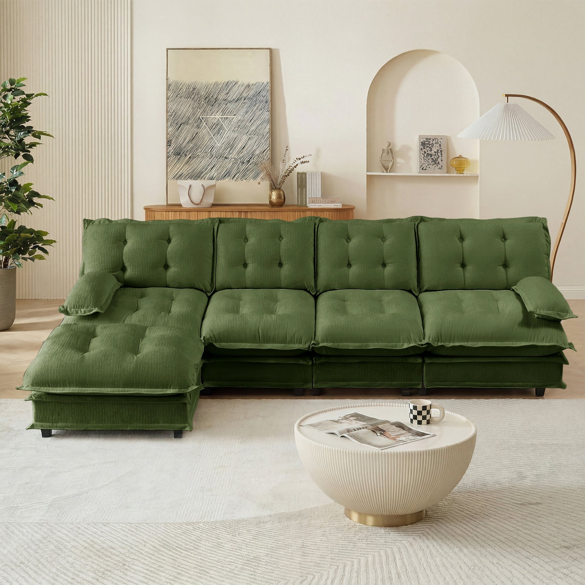 L-shaped sofa 138in green tufted fabric with ottoman by HouseOfZazla in a living room on Tampa Home & Garden Store