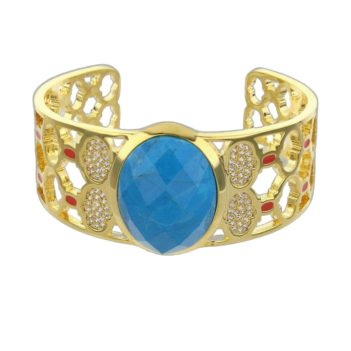 Dragon Lady Bangle cuff bracelet by Lauren G Adams with gold-tone filigree and blue centerpiece on Tampa Home & Garden Store