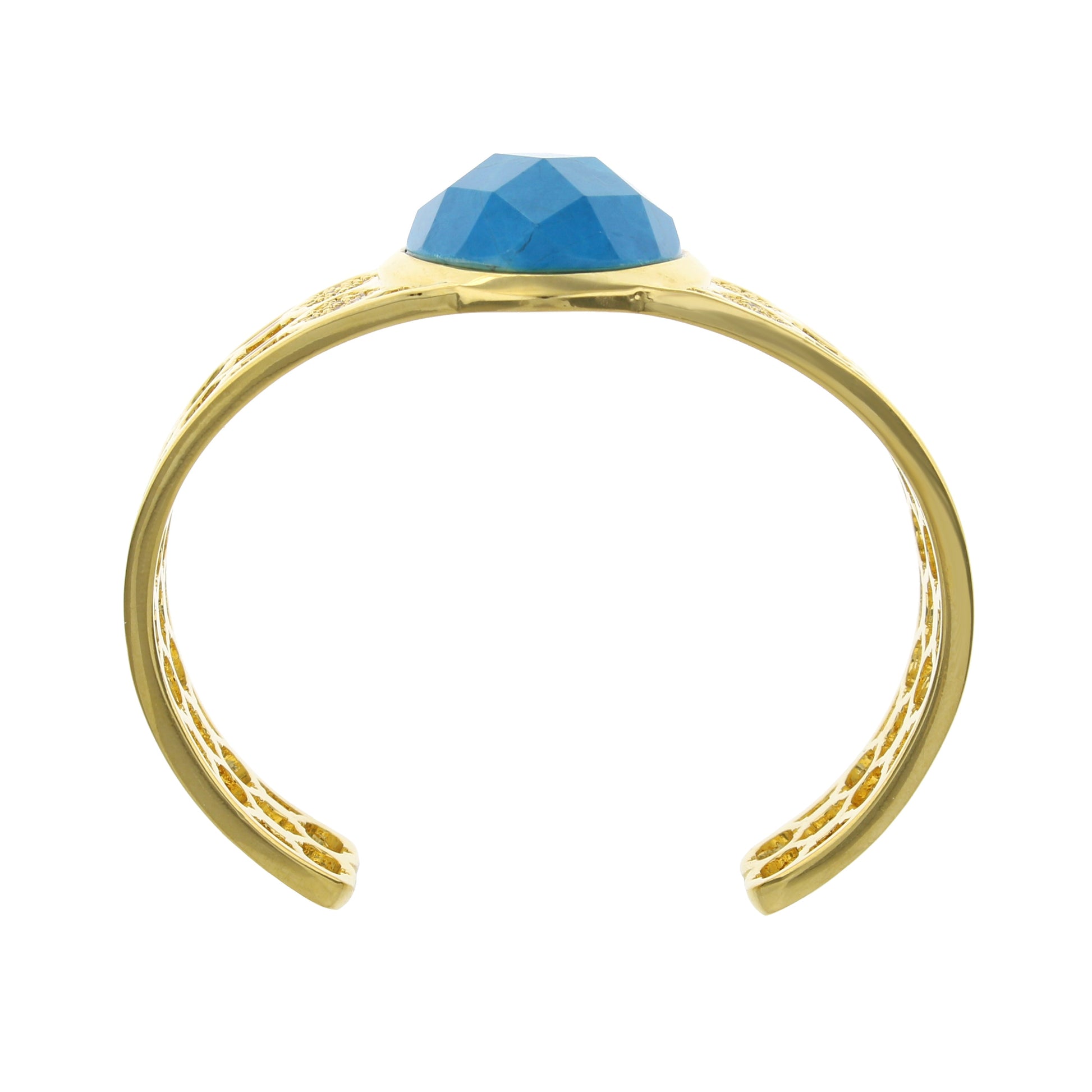 Dragon Lady Bangle cuff gold bracelet with blue faceted dome gemstone on Tampa Home & Garden Store