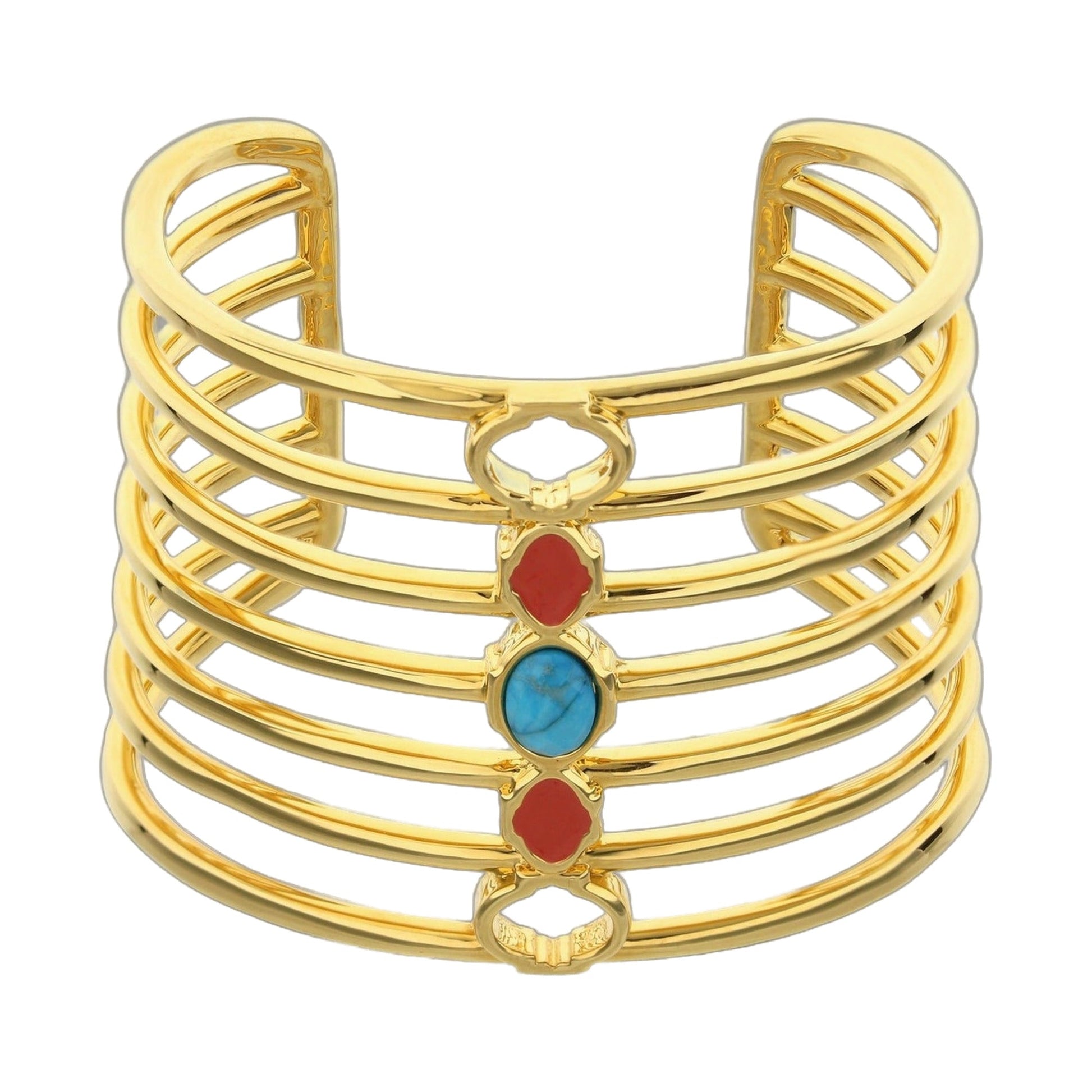 Dragon Lady Cuff Bangle gold-tone bracelet stack with red and blue stones on Tampa Home & Garden Store