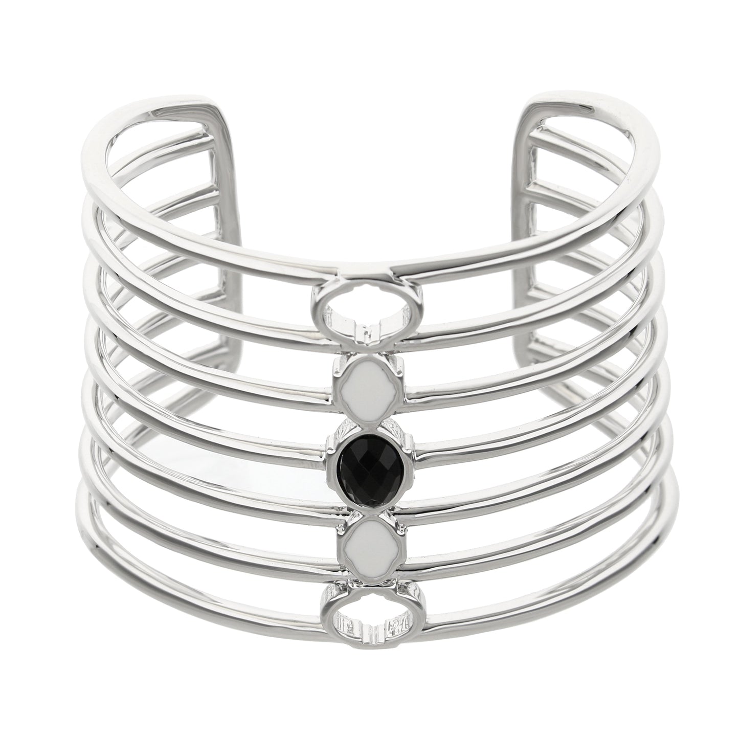 Dragon Lady Cuff Bangle by Lauren G Adams, silver-tone multi-band cuff bracelet with bezel-set black stones on Tampa Home & Garden Store