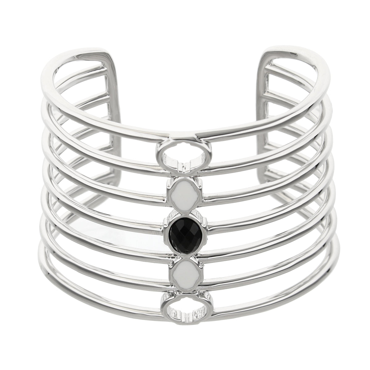 Dragon Lady Cuff Bangle by Lauren G Adams, silver-tone multi-band cuff bracelet with bezel-set black stones on Tampa Home & Garden Store