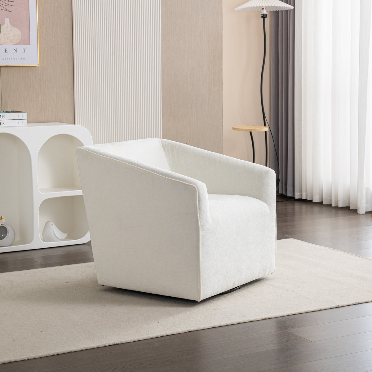 Nice Modern Upholstered Barrel Armchair, white fabric, 360° swivel, HouseOfZazla on Tampa Home & Garden Store