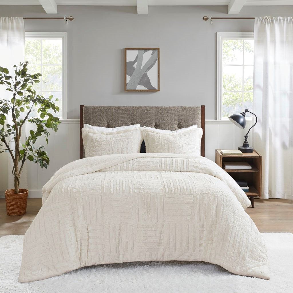 Full/Queen Fur Down Alternative Comforter Mini Set cream textured quilted pattern HouseOfZazla on Tampa Home & Garden Store