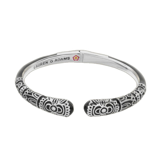 Petit Gateau Bangle Folk Flower Lauren G Adams, hinged silver bracelet with b/w floral motif on Tampa Home & Garden Store