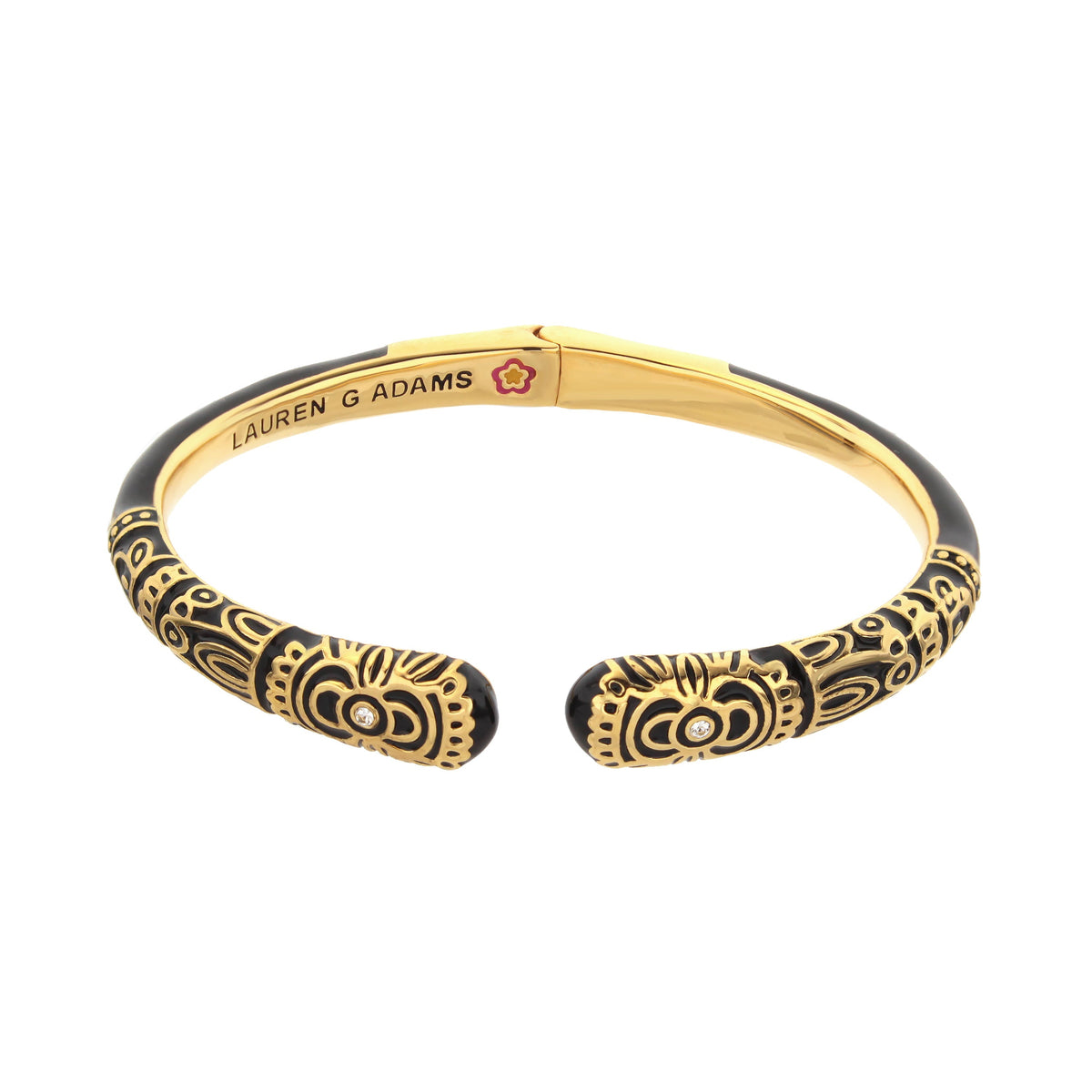 Petit Gateau Bangle Folk Flower hinged bracelet in black and gold with Lauren G Adams engraving on Tampa Home & Garden Store