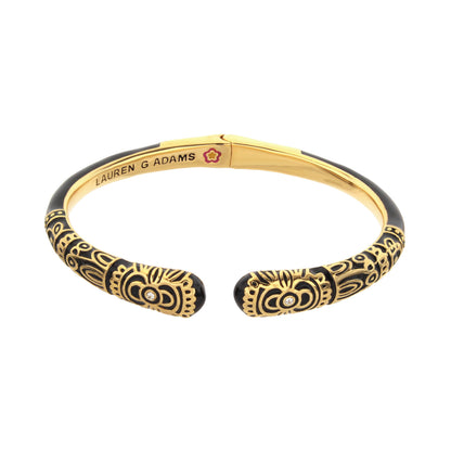 Petit Gateau Bangle Folk Flower hinged bracelet in black and gold with Lauren G Adams engraving on Tampa Home & Garden Store