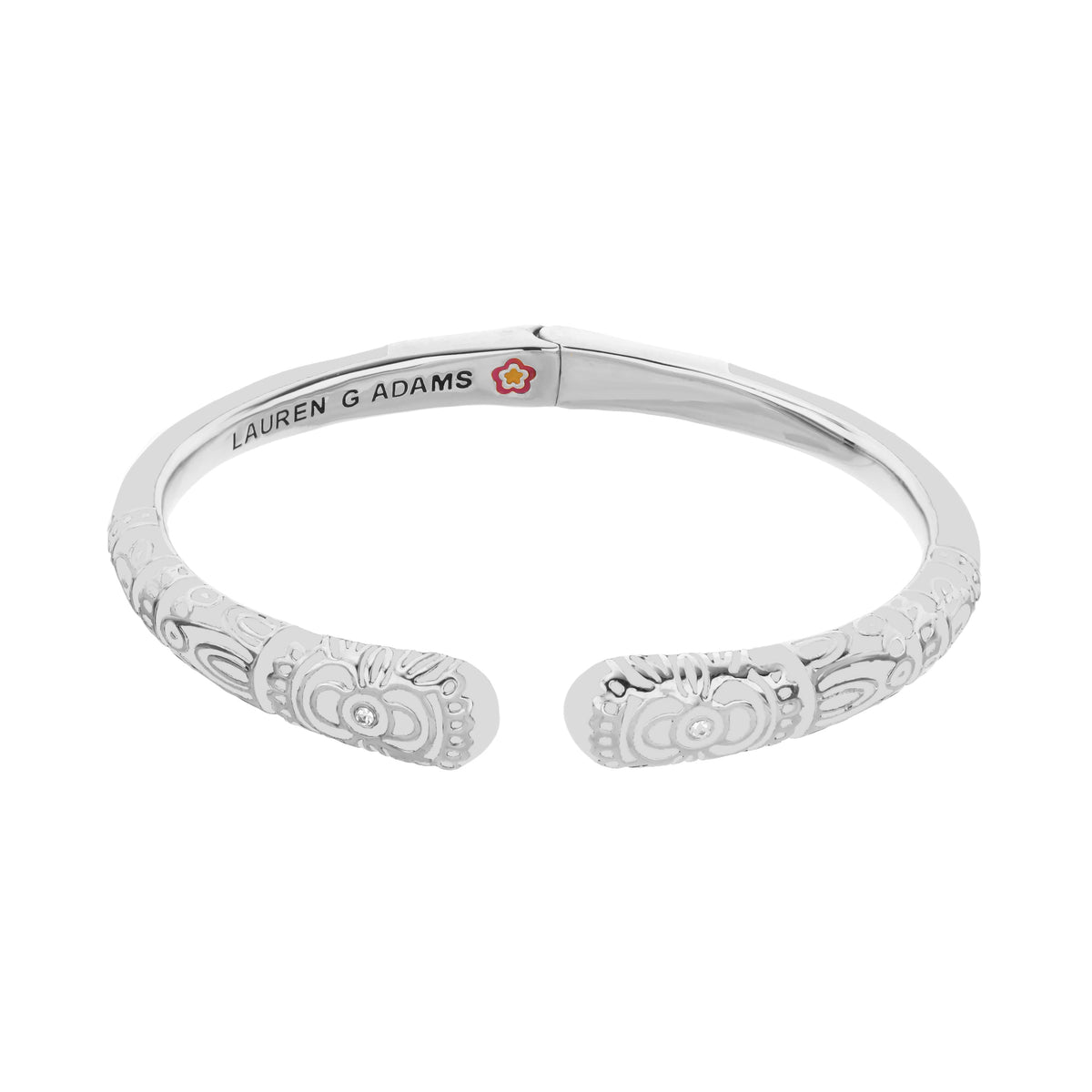 Petit Gateau Bangle hinged silver bracelet with Folk Flower motifs and Lauren G Adams on Tampa Home & Garden Store
