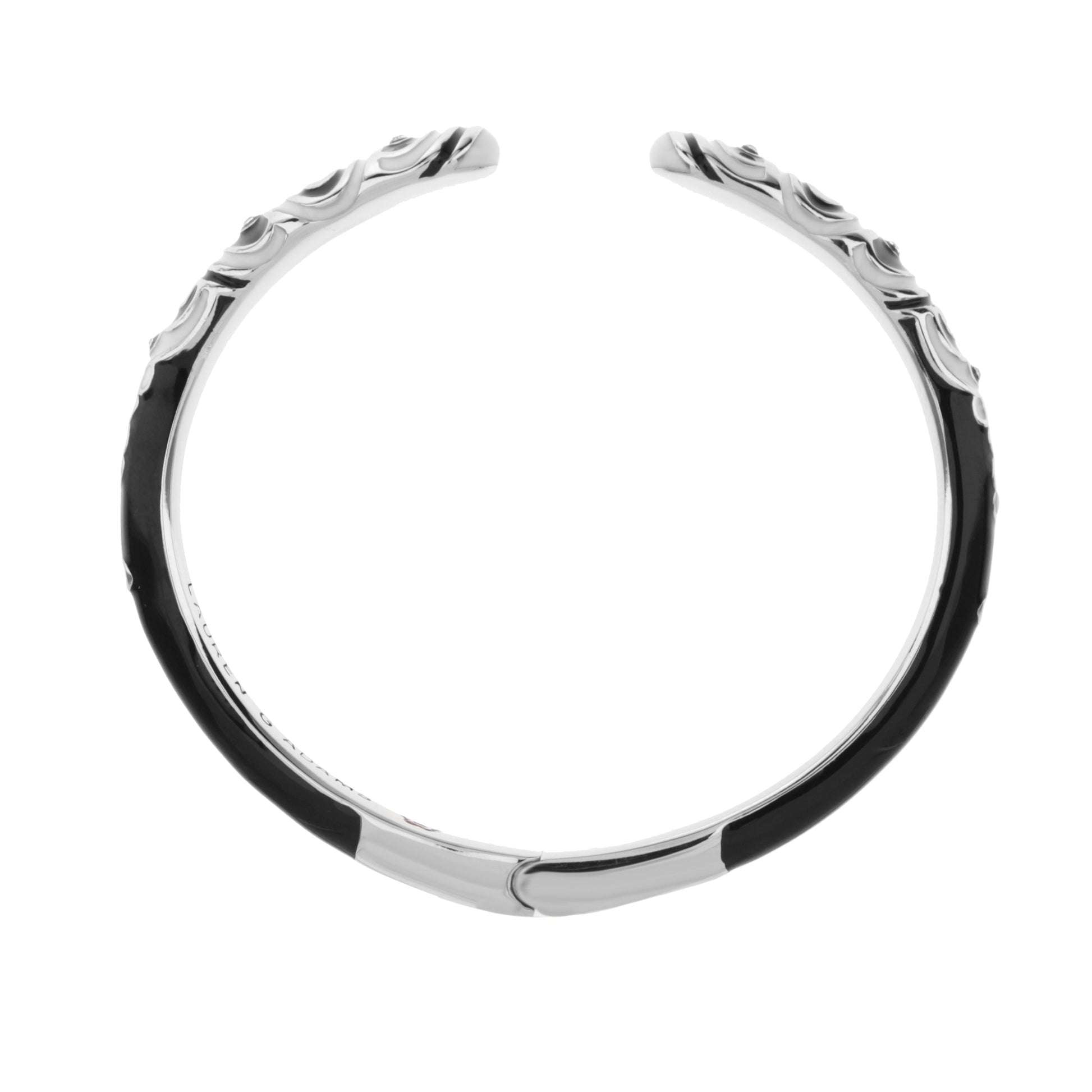 Petit Gateau Bangle Swirl Tip Hinged Bracelet in silver and black enamel on Tampa Home & Garden Store