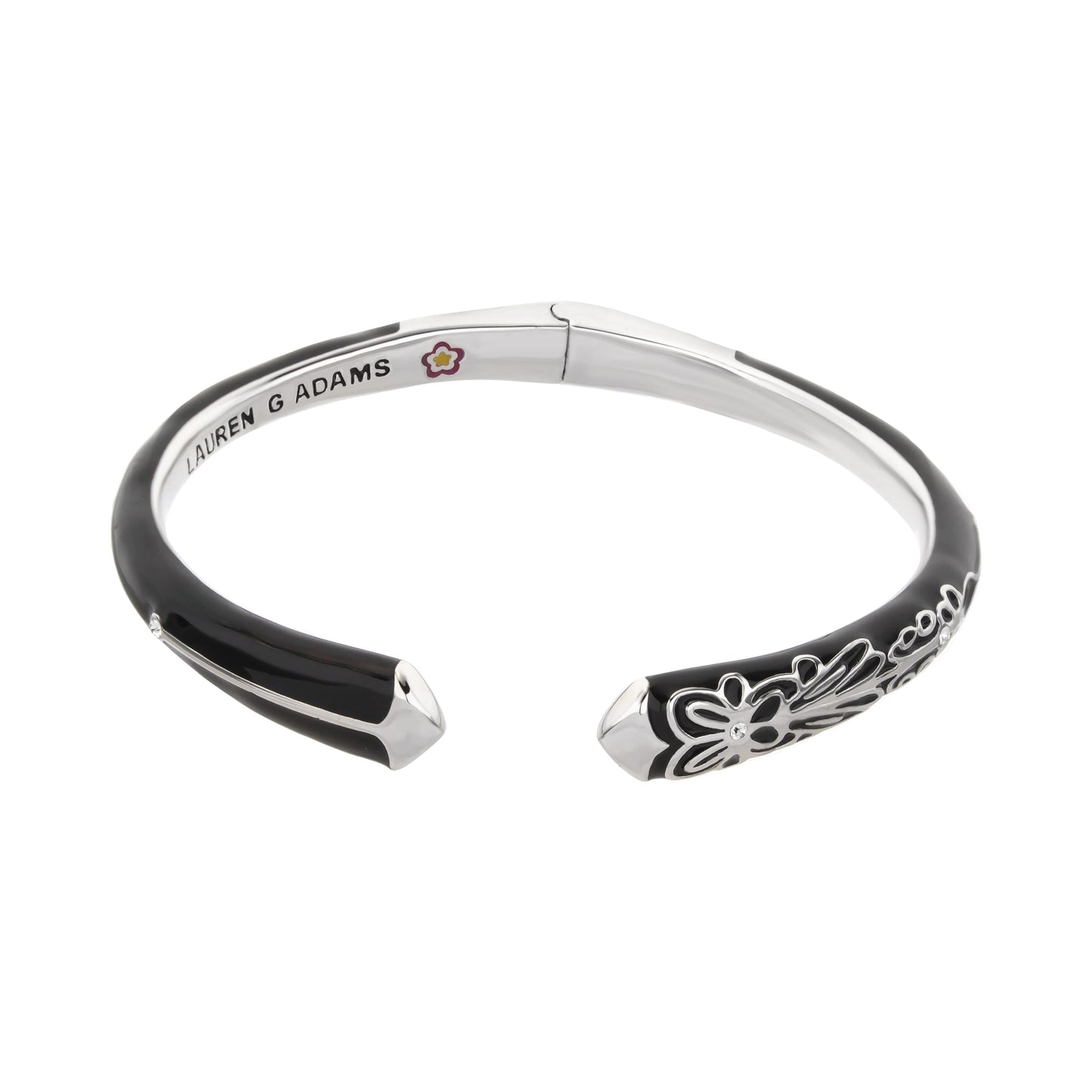 Petit Gateau Bangle Flower Tip hinged bracelet by Lauren G Adams with black enamel and floral on Tampa Home & Garden Store