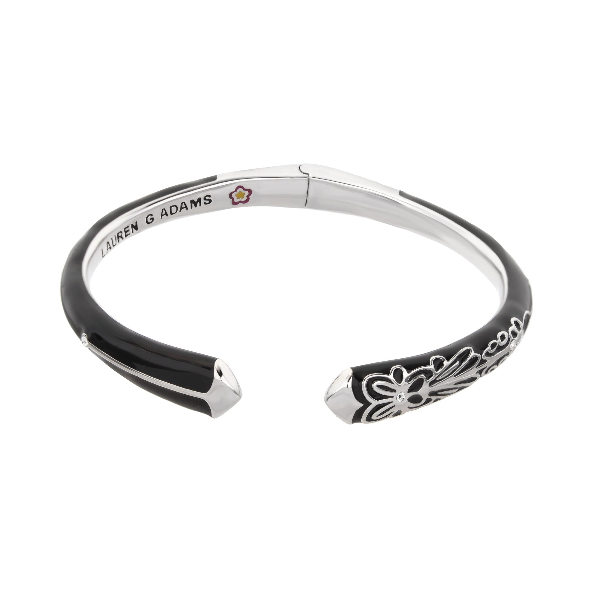 Petit Gateau Bangle Flower Tip hinged bracelet by Lauren G Adams with black enamel and floral on Tampa Home & Garden Store