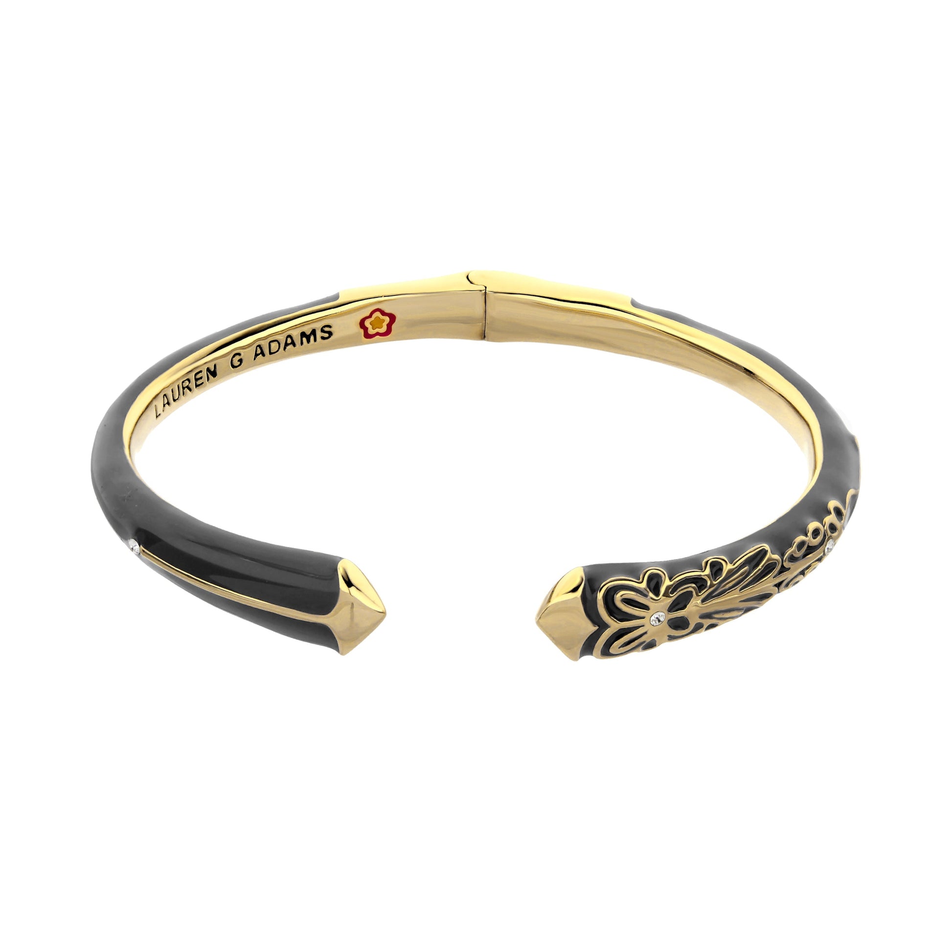 Petit Gateau Bangle Flower Tip by Lauren G Adams, gold enamel hinged bracelet with floral motif on Tampa Home & Garden Store