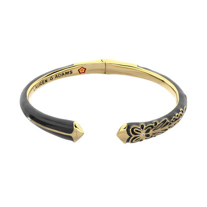 Petit Gateau Bangle Flower Tip by Lauren G Adams, gold enamel hinged bracelet with floral motif on Tampa Home & Garden Store
