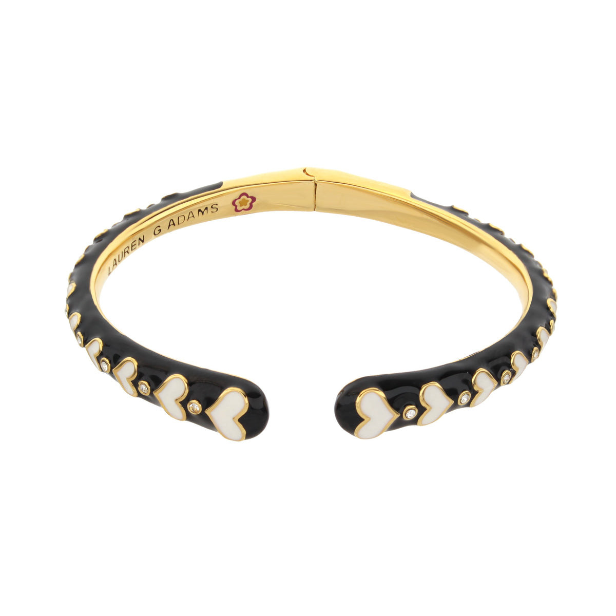 Petit Gateau Bangle Crystal Heart by Lauren G Adams, black enamel white hearts, gold trim on Tampa Home & Garden Store