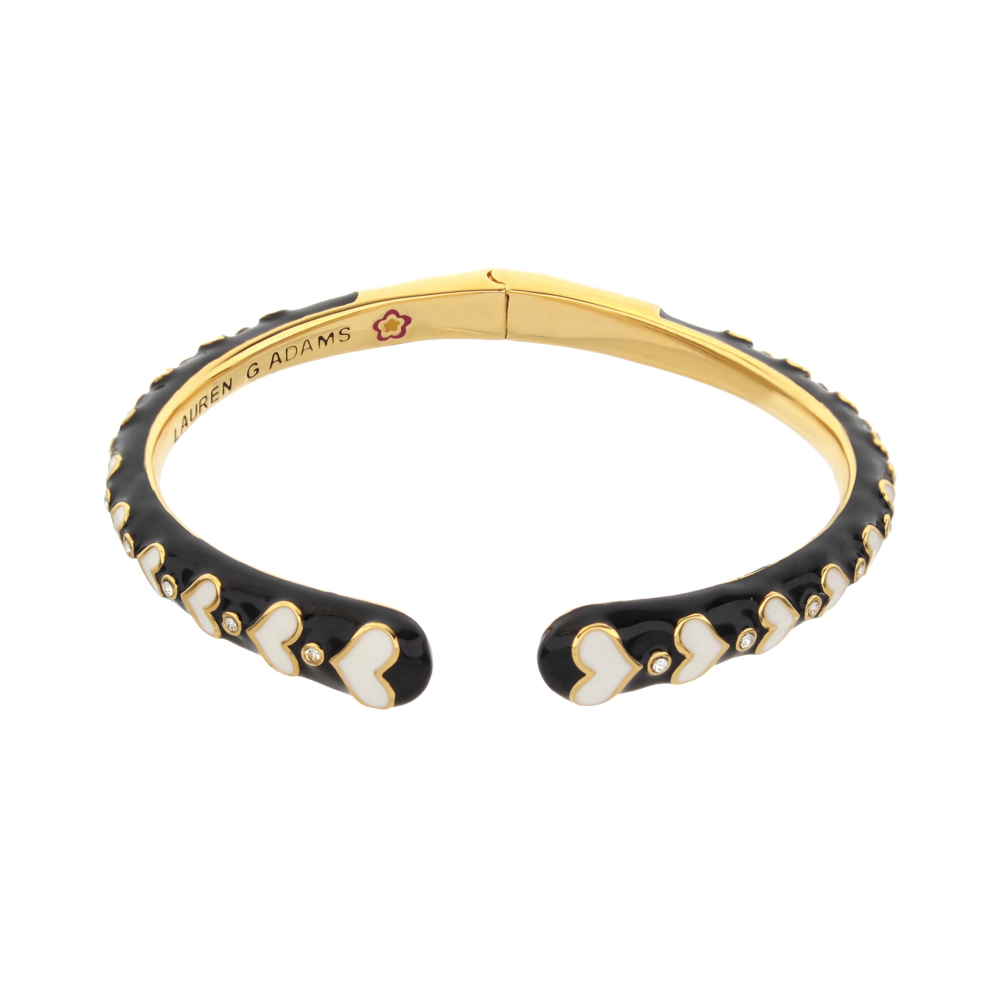Petit Gateau Bangle Crystal Heart by Lauren G Adams, black enamel white hearts, gold trim on Tampa Home & Garden Store