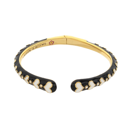Petit Gateau Bangle Crystal Heart by Lauren G Adams, black enamel white hearts, gold trim on Tampa Home & Garden Store